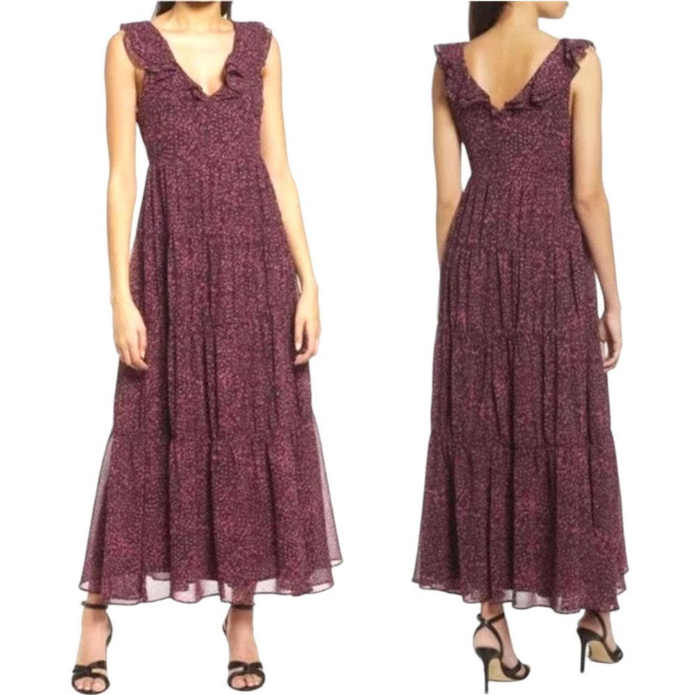 Chelsea 28 Ruffle Neck Abstract Animal Print Tiered Chiffon Maxi Dress Sz Small